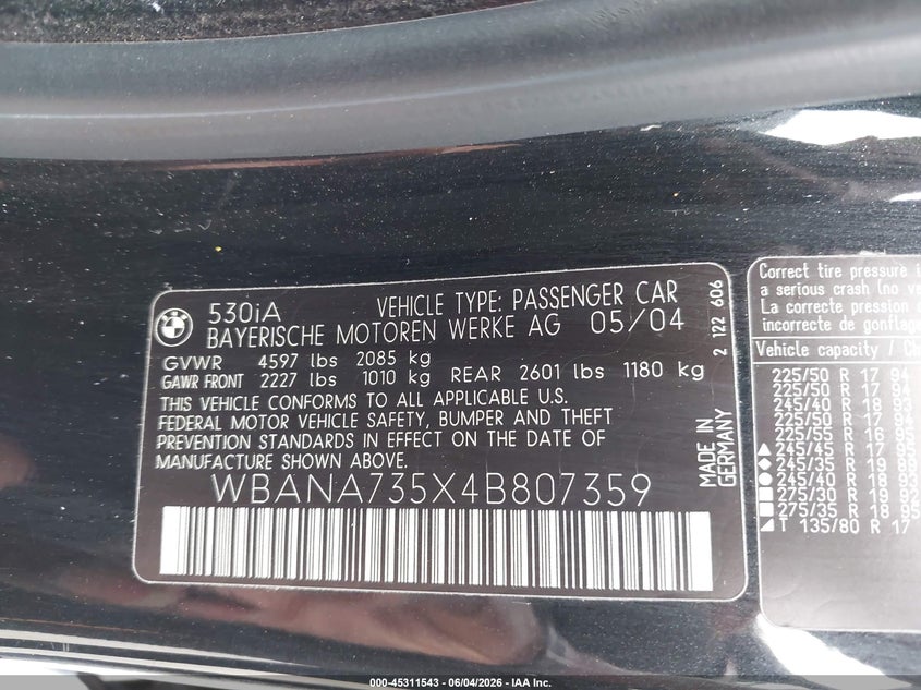 2004 BMW 530I VIN: WBANA735X4B807359 Lot: 45311543