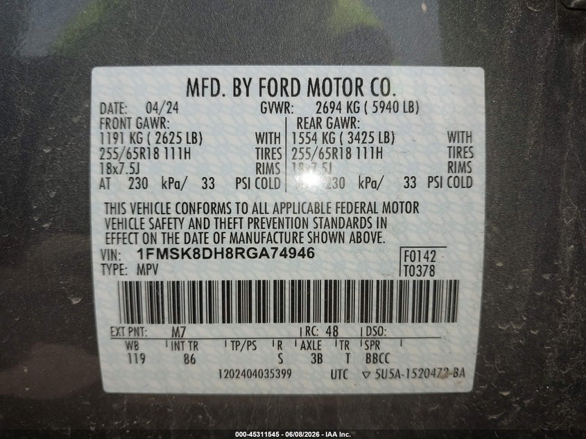 2024 FORD EXPLORER 2.3L I-4 DI, DOHC, V(VIN: 1FMSK8DH8RGA74946