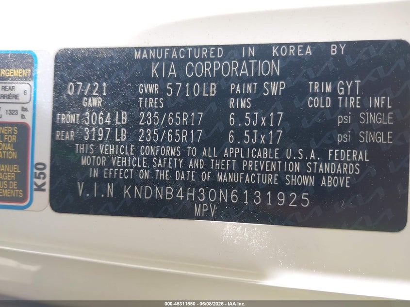 2022 Kia Carnival Mpv Lx Seat Package VIN: KNDNB4H30N6131925 Lot: 45311550