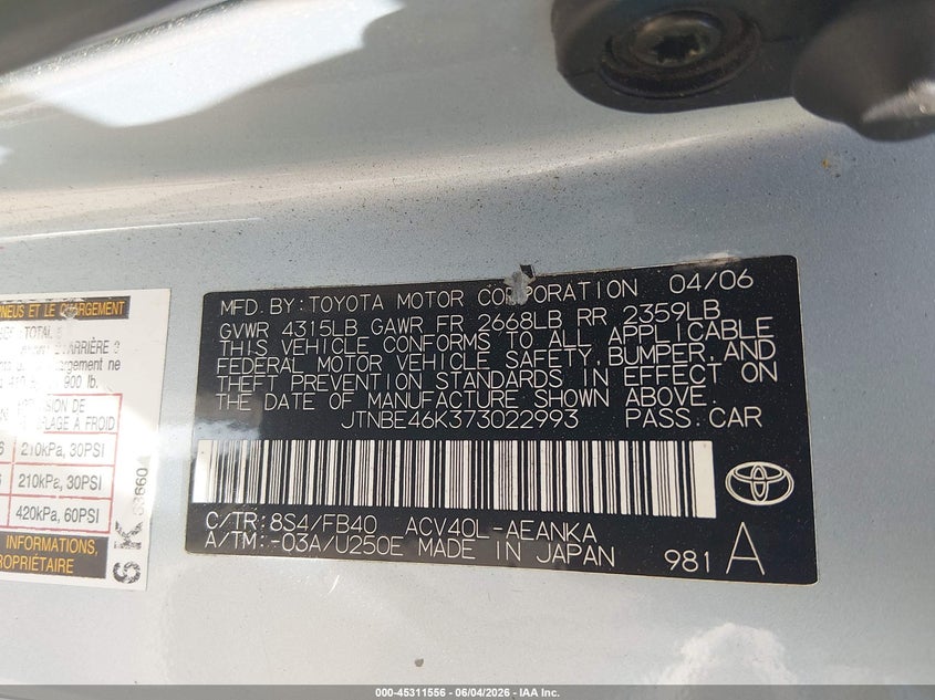 2007 Toyota Camry Le VIN: JTNBE46K373022993 Lot: 45311556