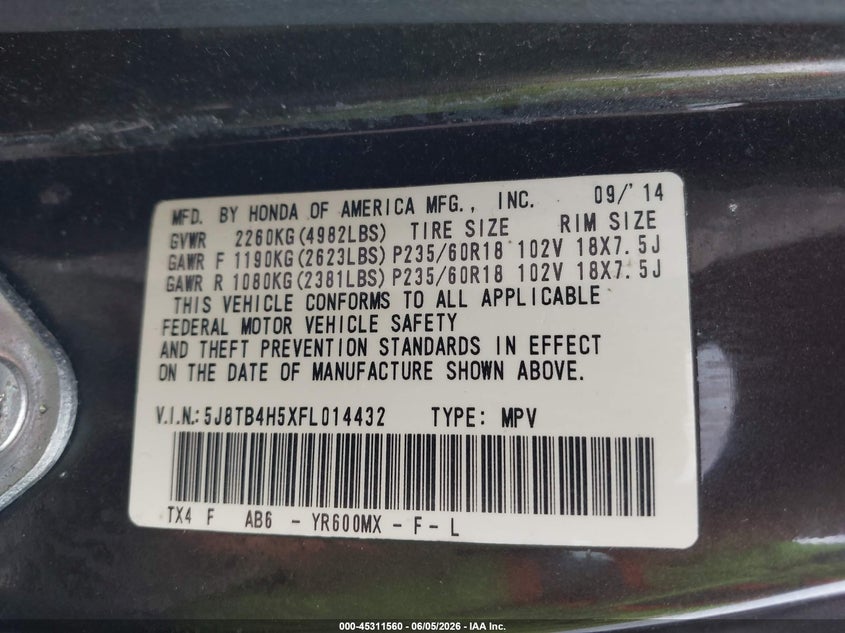 2015 Acura Rdx VIN: 5J8TB4H5XFL014432 Lot: 45311560