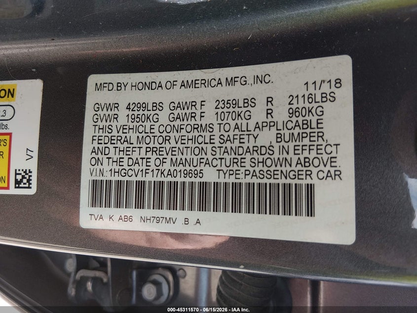 VIN 1HGCV1F17KA019695 2019 HONDA ACCORD LX