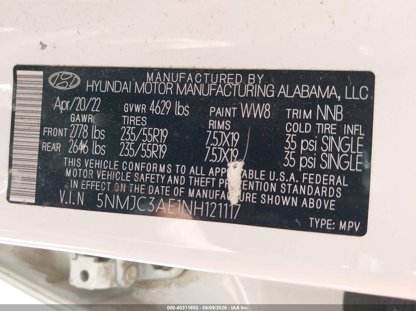 2022 HYUNDAI TUCSON 2.5L I-4 DI, DOHC, V(VIN: 5NMJC3AE1NH121117
