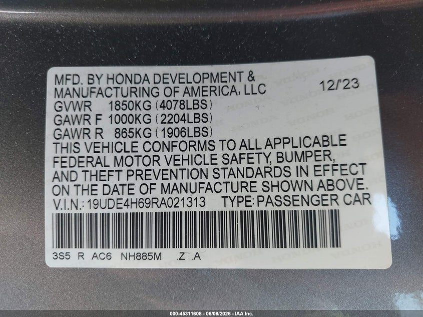 2024 Acura Integra A-Spec Technology VIN: 19UDE4H69RA021313 Lot: 45311608