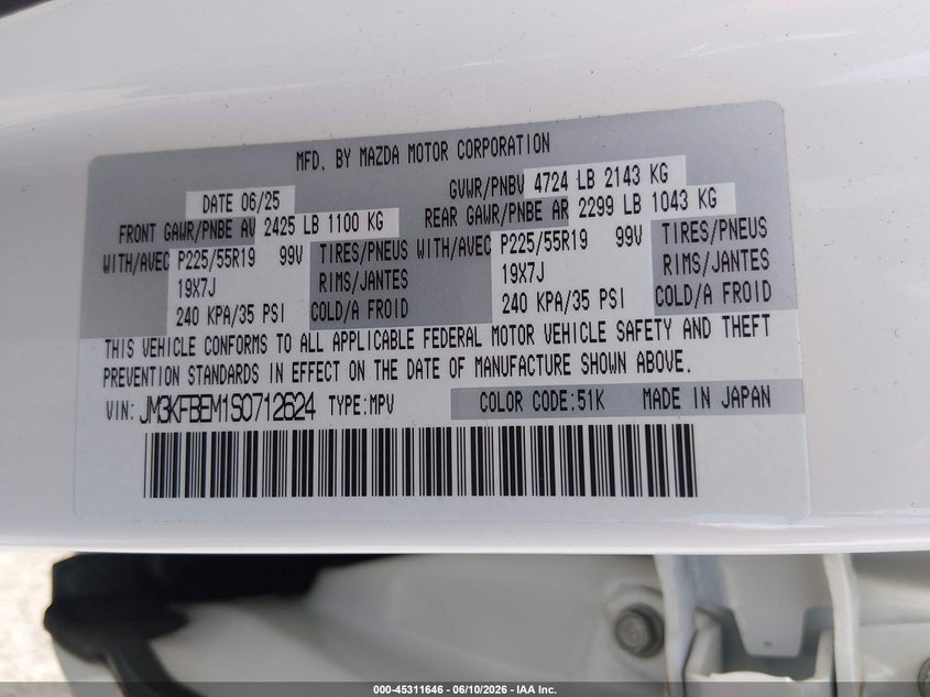 2025 MAZDA CX-5 2.5L I-4 DI, DOHC, V(VIN: JM3KFBEM1S0712624