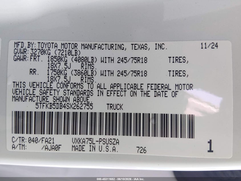 2025 TOYOTA TUNDRA 3.4L V-6 DI, DOHC, V(VIN: 5TFKB5DB4SX262755