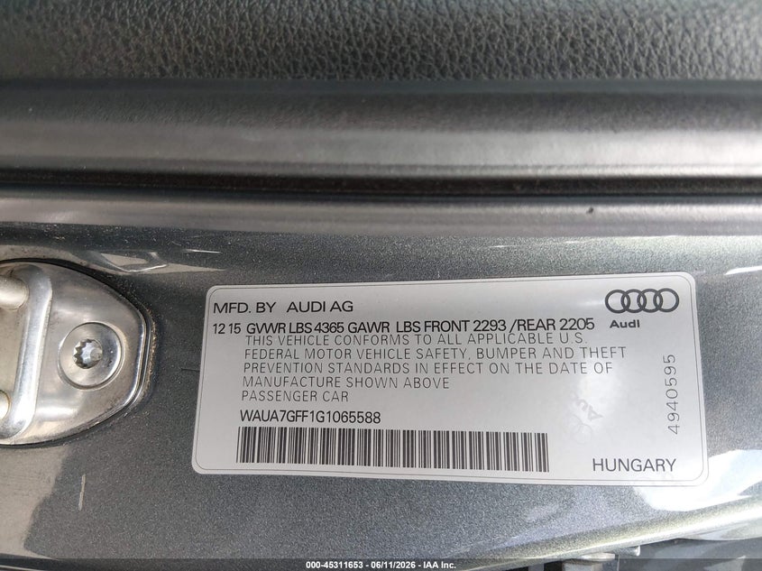 2016 Audi A3 1.8T Premium VIN: WAUA7GFF1G1065588 Lot: 45311653