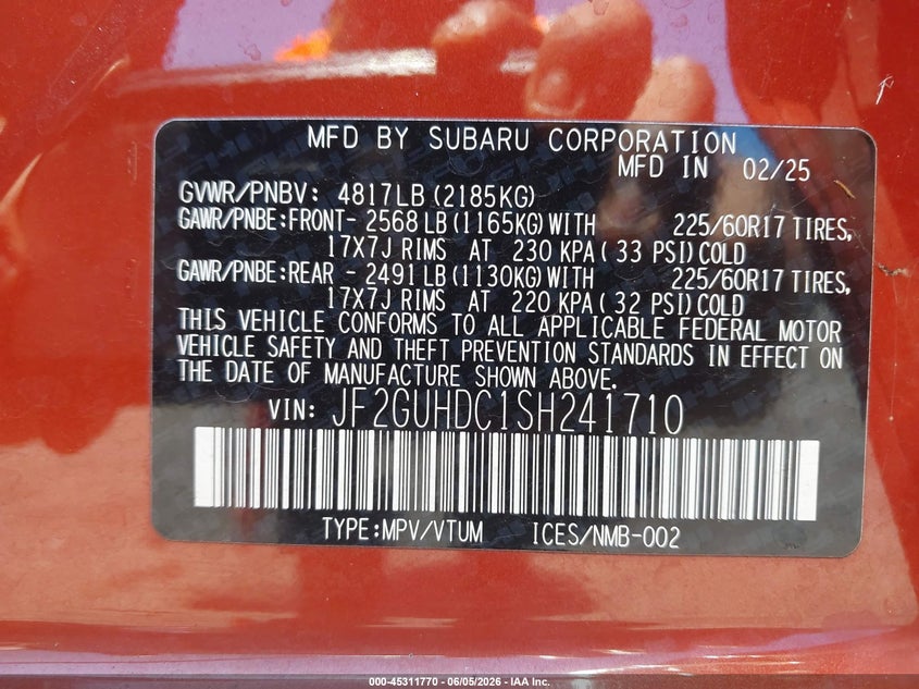 2025 SUBARU CROSSTREK 2.5L H-4 DI, DOHC, V(VIN: JF2GUHDC1SH241710