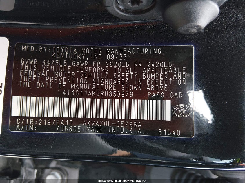 2024 TOYOTA CAMRY 2.5L I-4 DI, DOHC, V(VIN: 4T1G11AK5RU853979
