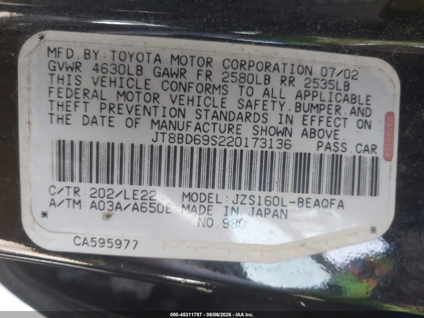2002 Lexus Gs 300 VIN: JT8BD69S220173136 Lot: 45311787