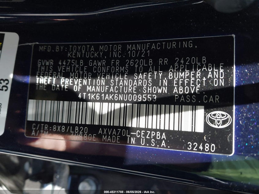 2022 TOYOTA CAMRY 2.5L I-4 DI, DOHC, V(VIN: 4T1K61AK6NU009553