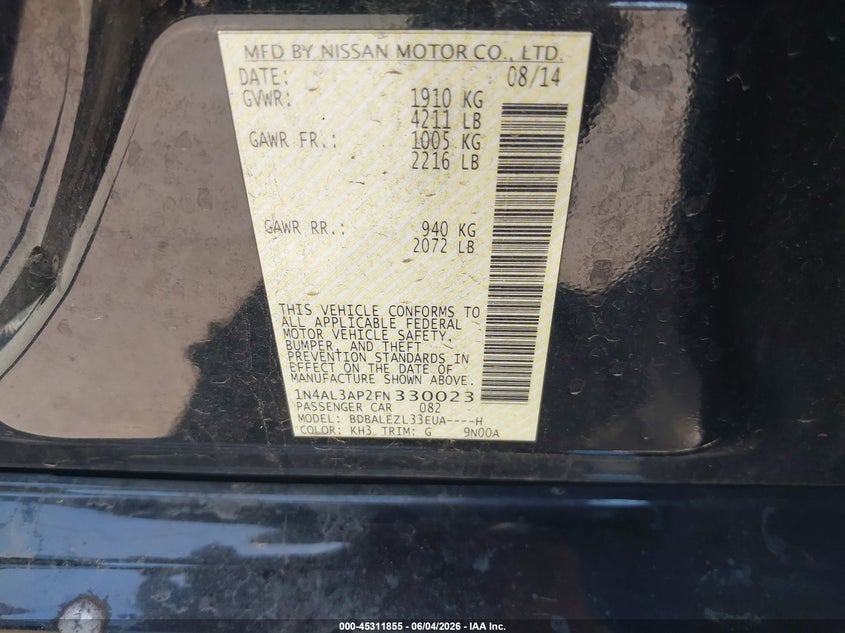 2015 Nissan Altima 2.5 S VIN: 1N4AL3AP2FN330023 Lot: 45311855