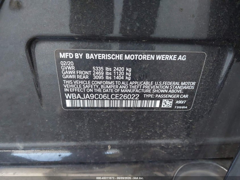 2020 BMW 530E Iperformance VIN: WBAJA9C06LCE26022 Lot: 45311873