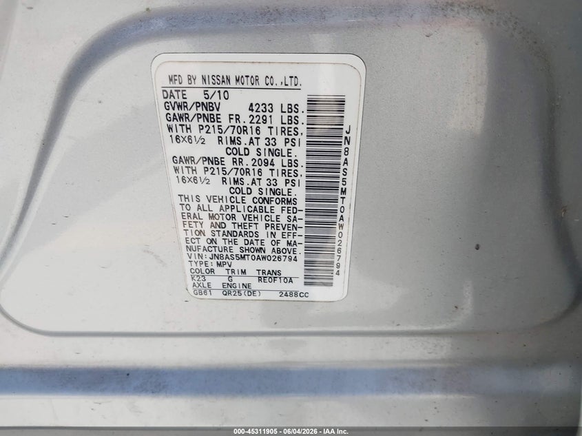 2010 Nissan Rogue S VIN: JN8AS5MT0AW026794 Lot: 45311905