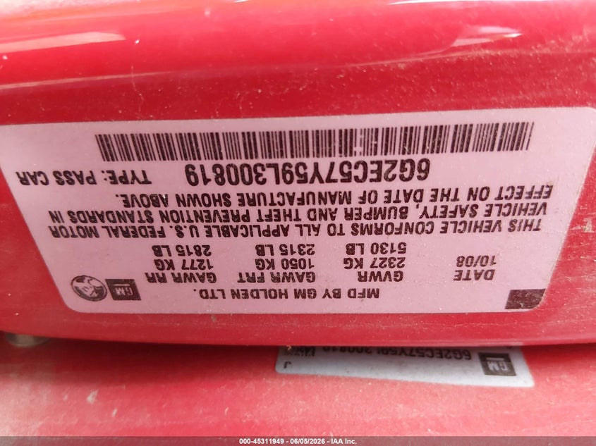 2009 Pontiac G8 Gt VIN: 6G2EC57Y59L300819 Lot: 45311949