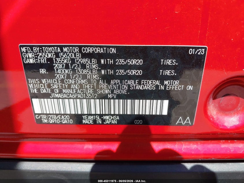 2023 TOYOTA BZ4X ELECTRIC(VIN: JTMABACA6PA013512