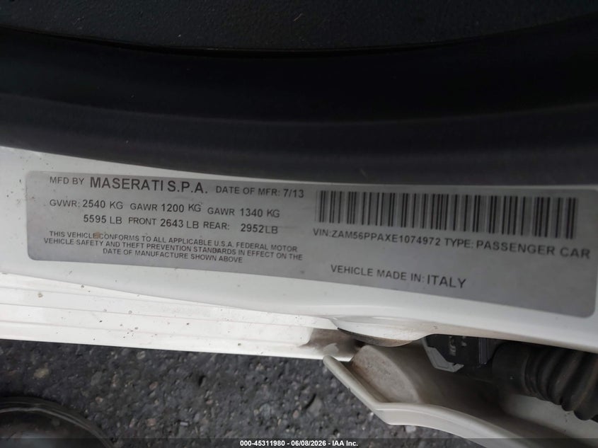 2014 Maserati Quattroporte Gts VIN: ZAM56PPAXE1074972 Lot: 45311980