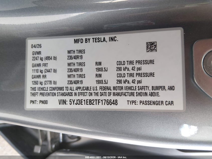 2026 Tesla Model 3 Premium All-Wheel Drive VIN: 5YJ3E1EB2TF176648 Lot: 45311991