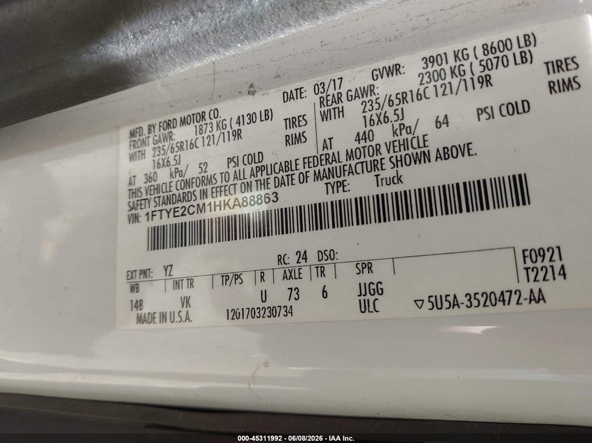 VIN 1FTYE2CM1HKA88863 2017 FORD TRANSIT-150