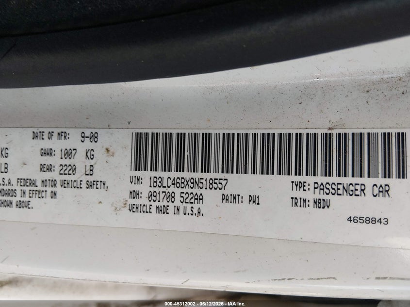 2009 Dodge Avenger Se/Sxt VIN: 1B3LC46BX9N518557 Lot: 45312002
