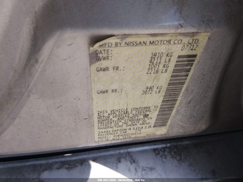 2013 Nissan Altima 2.5 Sv VIN: 1N4AL3AP2DN410418 Lot: 45312005