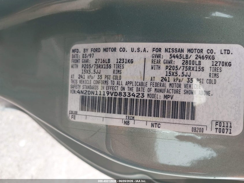 1997 Nissan Quest Gxe/Xe VIN: 4N2DN1119VD833423 Lot: 45312039