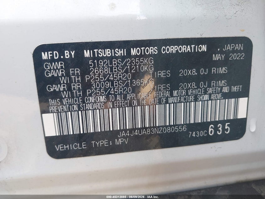 2022 Mitsubishi Outlander Black Edition S-Awc/Se 2.5 S-Awc/Se Launch Edition S-Awc VIN: JA4J4UA83NZ080556 Lot: 45312085