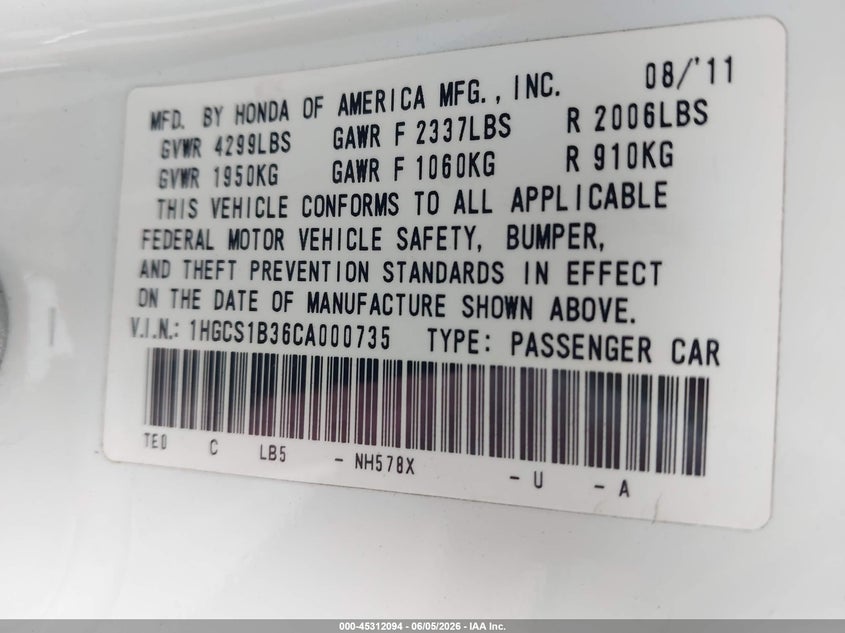 2012 Honda Accord 2.4 2.4 Lx-S white Lot 111045312094 Vin 1HGCS1B36CA000735