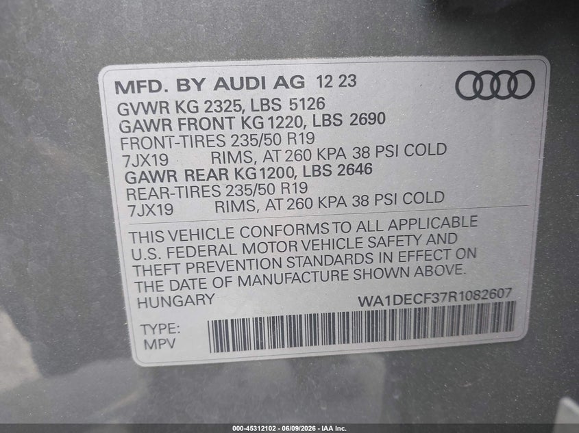 2024 AUDI Q3 2.0L I-4 DI, DOHC, V(VIN: WA1DECF37R1082607