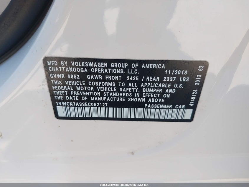 2014 Volkswagen Passat 2.0L Tdi Sel Premium VIN: 1VWCN7A33EC052127 Lot: 45312103