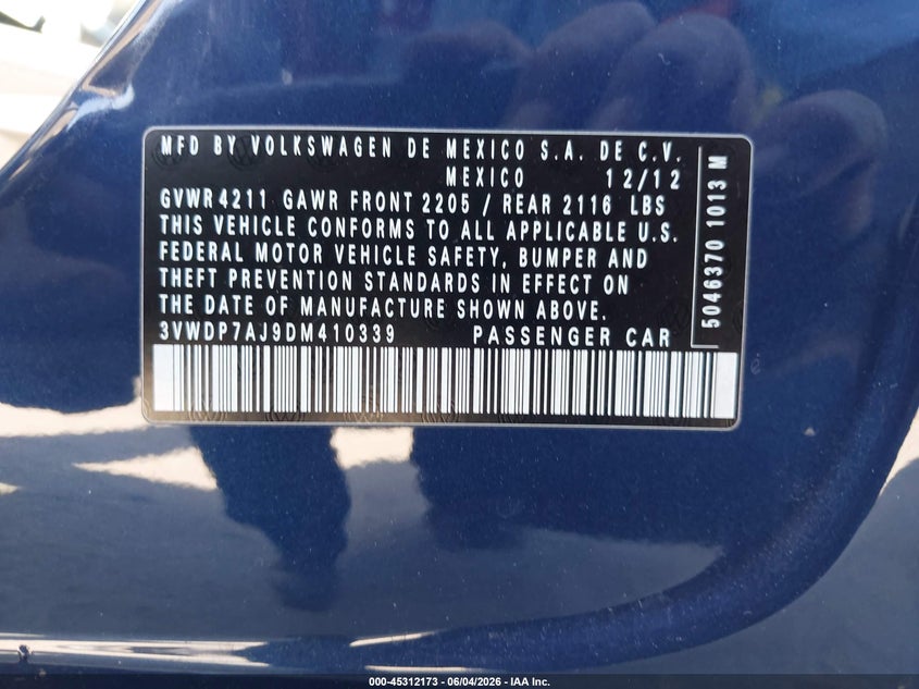 2013 Volkswagen Jetta 2.5L Se VIN: 3VWDP7AJ9DM410339 Lot: 45312173