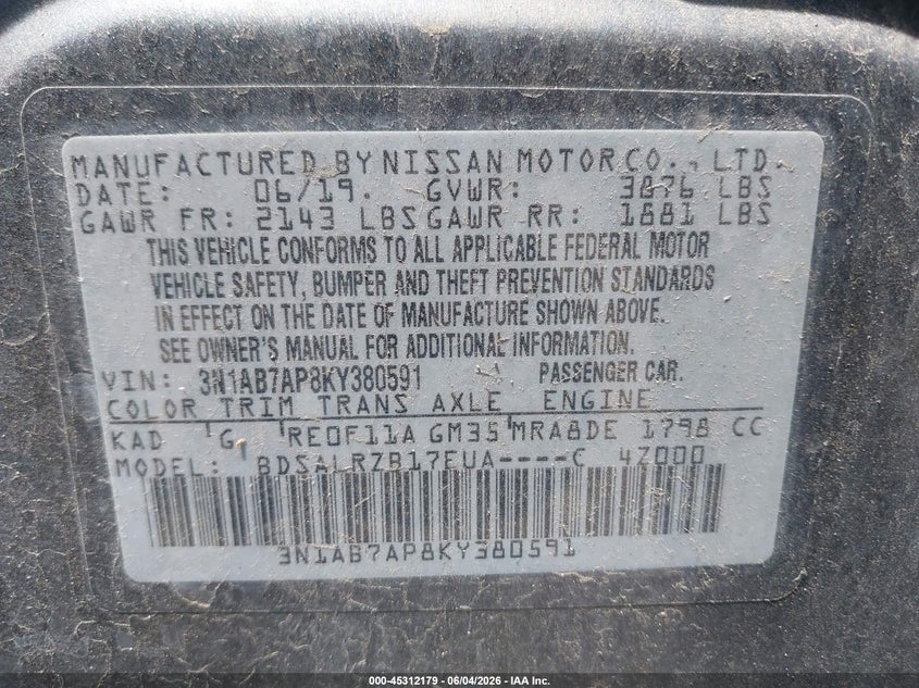 2019 Nissan Sentra Sr VIN: 3N1AB7AP8KY380591 Lot: 45312179