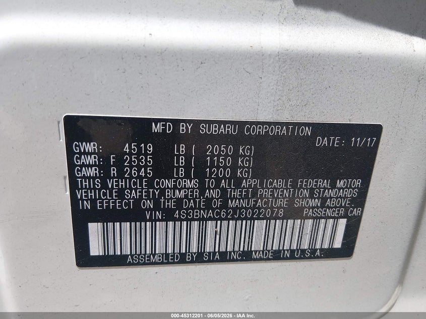 2018 Subaru Legacy 2.5I Premium VIN: 4S3BNAC62J3022078 Lot: 45312201
