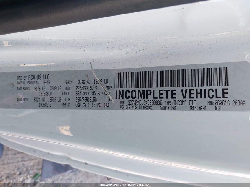 2019 Ram 5500 Chassis Tradesman/Slt VIN: 3C7WRMDL2KG599836 Lot: 45312220