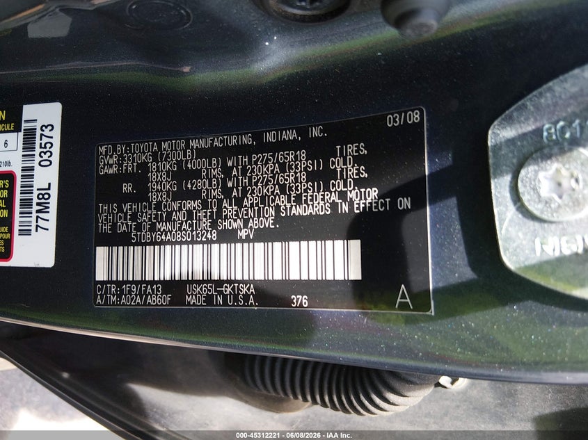 2008 Toyota Sequoia Sr5 5.7L V8 VIN: 5TDBY64A08S013248 Lot: 45312221