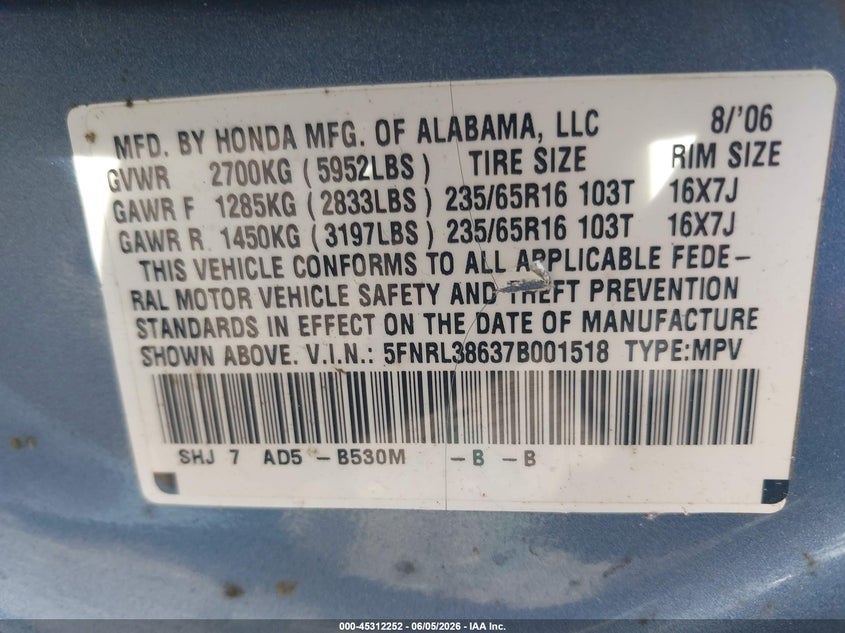 2007 Honda Odyssey Ex-L VIN: 5FNRL38637B001518 Lot: 45312252