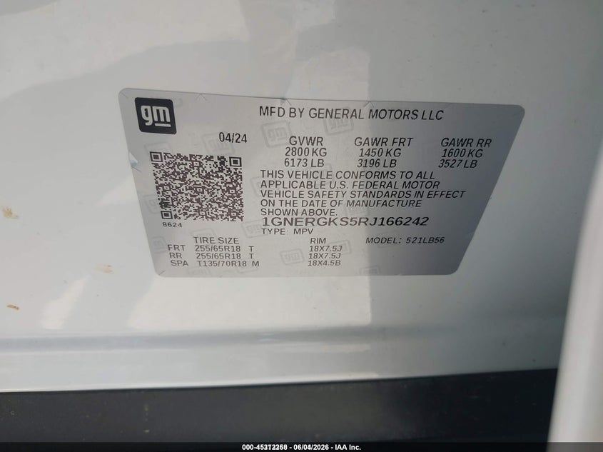 2024 Chevrolet Traverse Fwd Lt VIN: 1GNERGKS5RJ166242 Lot: 45312258