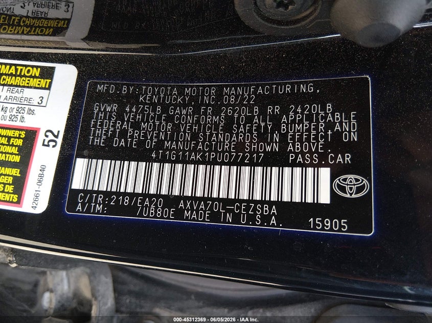 TOYOTA CAMRY 2023 VIN 4T1G11AK1PU077217