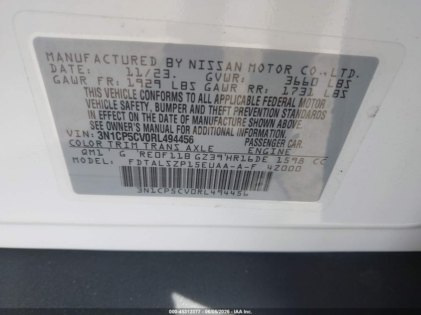 2024 NISSAN KICKS 1.6L I-4 DOHC, VVT, (VIN: 3N1CP5CV0RL494456