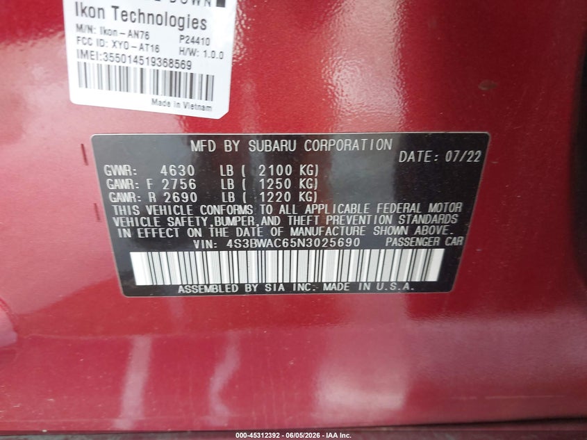 2022 SUBARU LEGACY 2.5L H-4 DI, DOHC, V(VIN: 4S3BWAC65N3025690