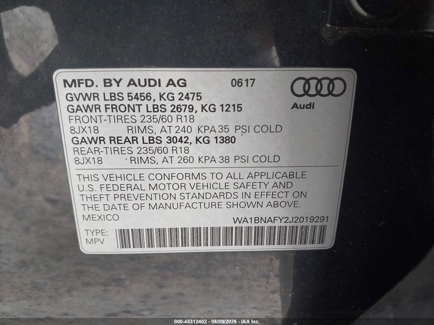 2018 Audi Q5 2.0T Premium/2.0T Tech Premium VIN: WA1BNAFY2J2019291 Lot: 45312402
