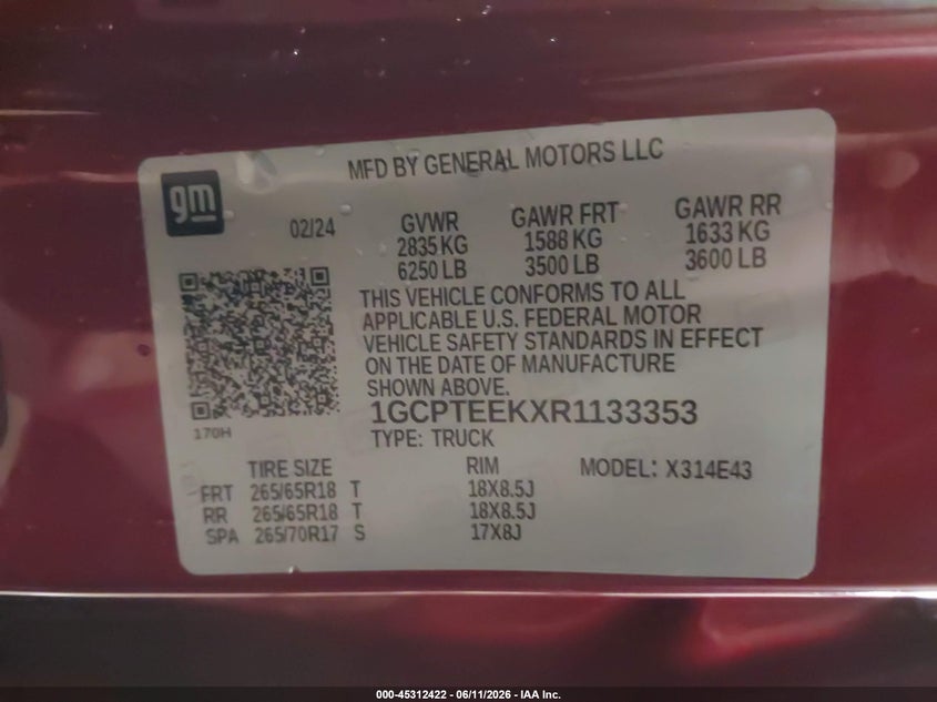 VIN 1GCPTEEKXR1133353 2024 CHEVROLET COLORADO 4WD TRAIL BOSS