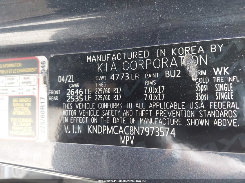 2022 KIA SPORTAGE 2.4L I-4 DI, DOHC, V(VIN: KNDPMCAC8N7973574