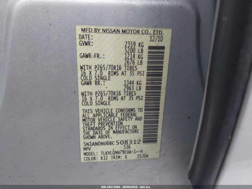 2011 Nissan Xterra X VIN: 5N1AN0NU6BC508312 Lot: 45312468