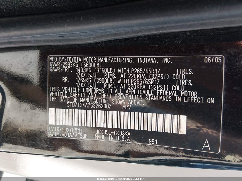 2005 Toyota Sequoia Sr5 V8 VIN: 5TDZT34A75S262007 Lot: 45312498