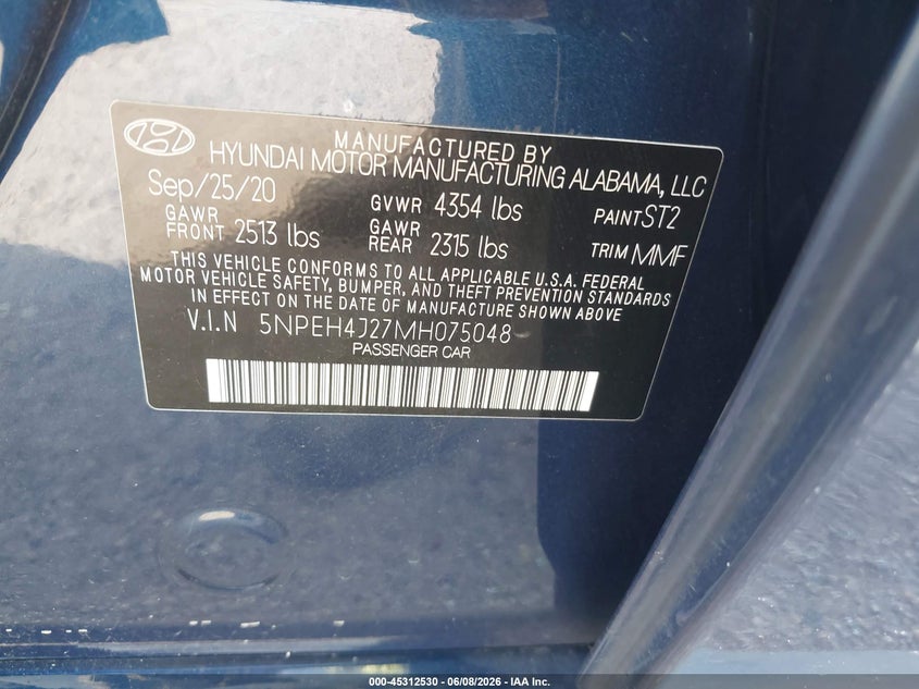 2021 HYUNDAI SONATA 1.6L I-4 DI, DOHC, V(VIN: 5NPEH4J27MH075048