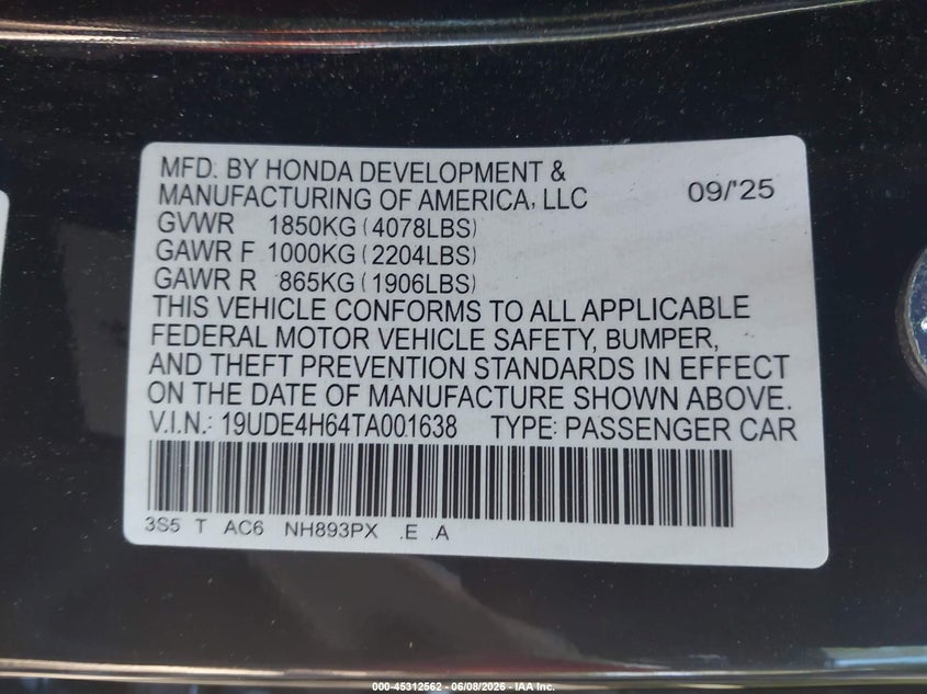2026 Acura Integra Fwd A-Spec With Technology VIN: 19UDE4H64TA001638 Lot: 45312562