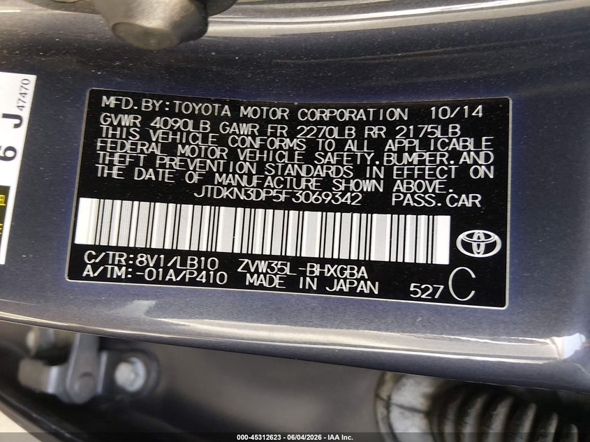 2015 Toyota Prius Plug-In Advanced VIN: JTDKN3DP5F3069342 Lot: 45312623