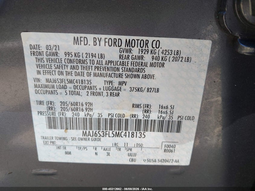 2021 Ford Ecosport S VIN: MAJ6S3FL5MC418135 Lot: 45312662