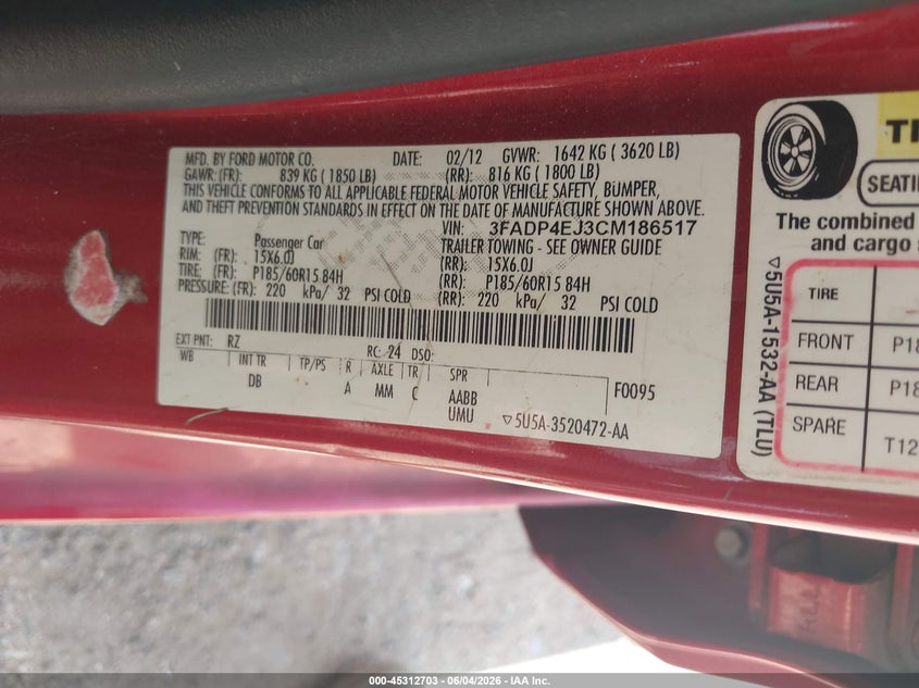 2012 Ford Fiesta Se VIN: 3FADP4EJ3CM186517 Lot: 45312703